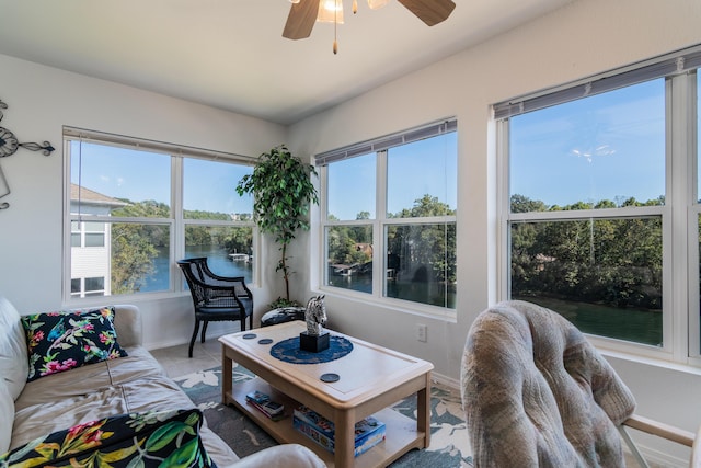 79 Anglers Pointe Dr Unit 5, Branson, MO 65616 - living room with baseboards, healthy amount of natural light, ceiling fan, and a water view