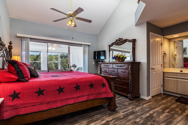 79 Anglers Pointe Dr Unit 5, Branson, MO 65616 - bedroom with lofted ceiling, dark wood finished floors, ensuite bathroom, baseboards, and a ceiling fan
