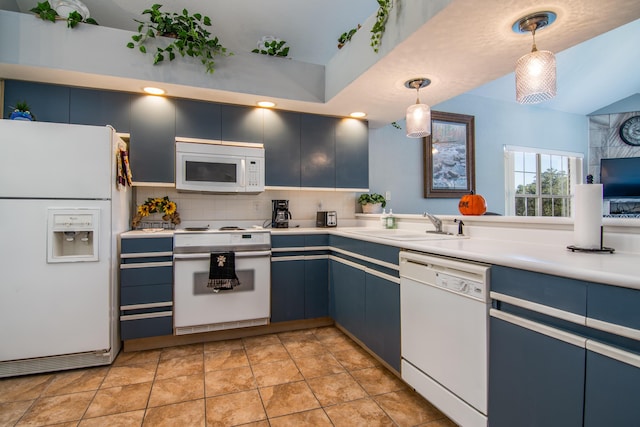 79 Anglers Pointe Dr Unit 5, Branson, MO 65616 - kitchen featuring white appliances, blue cabinetry, pendant lighting, a sink, and backsplash