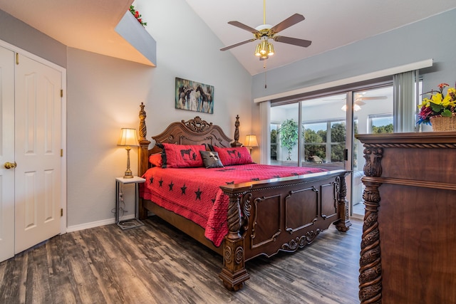 79 Anglers Pointe Dr Unit 5, Branson, MO 65616 - bedroom with wood finished floors, baseboards, high vaulted ceiling, and a ceiling fan