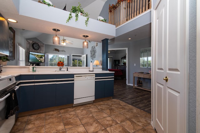 79 Anglers Pointe Dr Unit 5, Branson, MO 65616 - kitchen featuring dishwasher, high vaulted ceiling, stove, ceiling fan, and light countertops