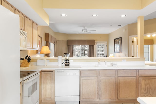 2800 Green Mountain Dr Unit 331, Branson, MO 65616 - kitchen featuring white appliances, a ceiling fan, a peninsula, light brown cabinets, and recessed lighting