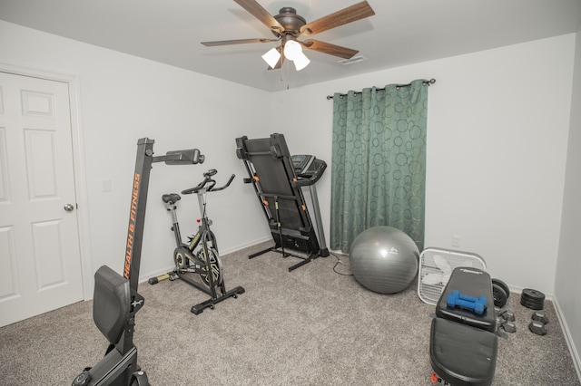 13447 E 1424th Rd, Stockton, MO 65785 - exercise area with a ceiling fan, carpet, and baseboards