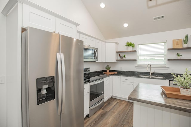 13447 E 1424th Rd, Stockton, MO 65785 - kitchen featuring stainless steel appliances, open shelves, lofted ceiling, a sink, and white cabinetry