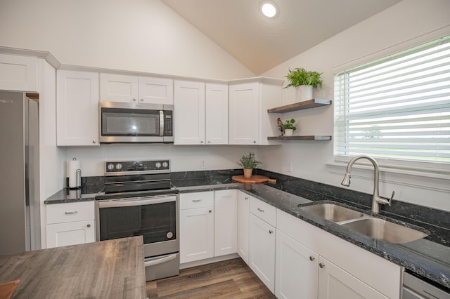 13447 E 1424th Rd, Stockton, MO 65785 - kitchen with stainless steel appliances, a sink, lofted ceiling, white cabinetry, and wood finished floors