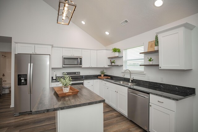 13447 E 1424th Rd, Stockton, MO 65785 - kitchen featuring appliances with stainless steel finishes, open shelves, a sink, dark wood-style floors, and a kitchen island