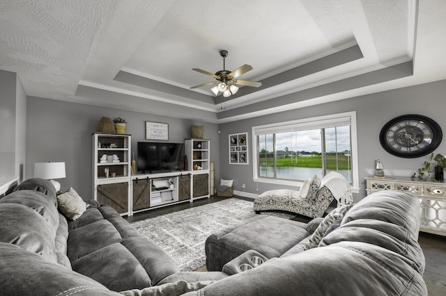 994 S Cumberland Ave, Republic, MO 65738 - living room with a tray ceiling, wood finished floors, a ceiling fan, and baseboards