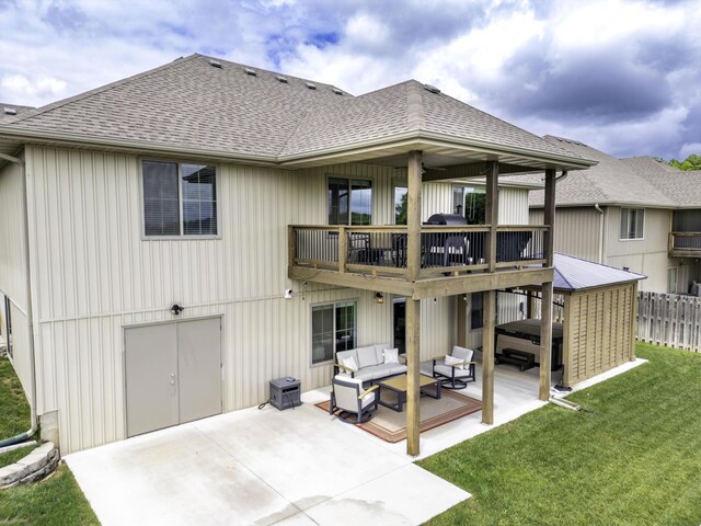 994 S Cumberland Ave, Republic, MO 65738 - rear view of property with an outdoor hangout area, roof with shingles, a patio, a deck, and a hot tub