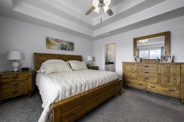 994 S Cumberland Ave, Republic, MO 65738 - bedroom featuring carpet, a tray ceiling, ornamental molding, ensuite bath, and a ceiling fan