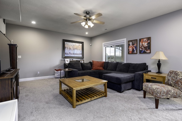 994 S Cumberland Ave, Republic, MO 65738 - living room featuring light colored carpet, ceiling fan, baseboards, and recessed lighting