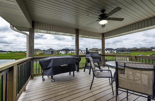 994 S Cumberland Ave, Republic, MO 65738 - wooden deck featuring a residential view, a ceiling fan, area for grilling, and a water view