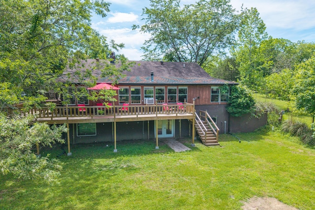 1288 County Road 334, Tecumseh, MO 65760 - rear view of property with a wooden deck, a lawn, stairway, and french doors