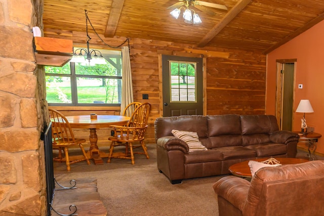 1288 County Road 334, Tecumseh, MO 65760 - living room featuring wood ceiling, carpet, wooden walls, and a ceiling fan