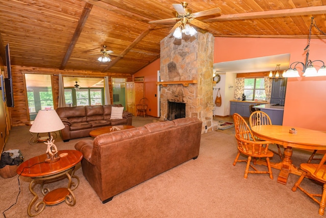 1288 County Road 334, Tecumseh, MO 65760 - living room with wooden ceiling, ceiling fan, plenty of natural light, and carpet flooring