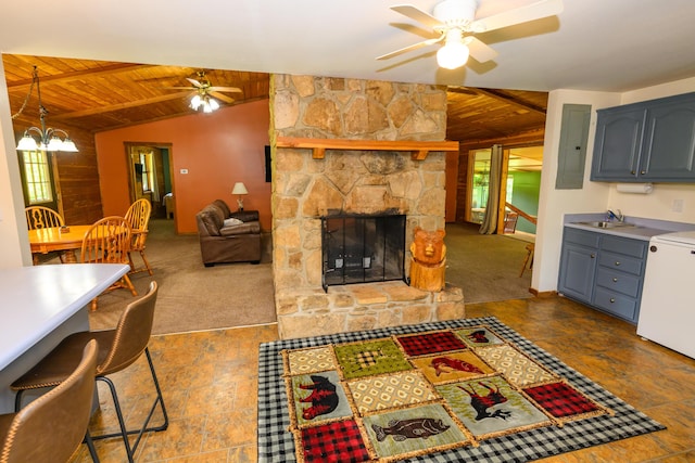 1288 County Road 334, Tecumseh, MO 65760 - living room featuring wooden ceiling, a ceiling fan, carpet flooring, electric panel, and a chandelier