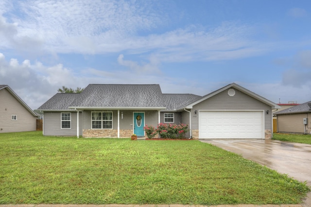 3383 Lusk Dr, Neosho, MO 64850 - view of front of home featuring driveway, a garage, a front lawn, stone siding, and a shingled roof