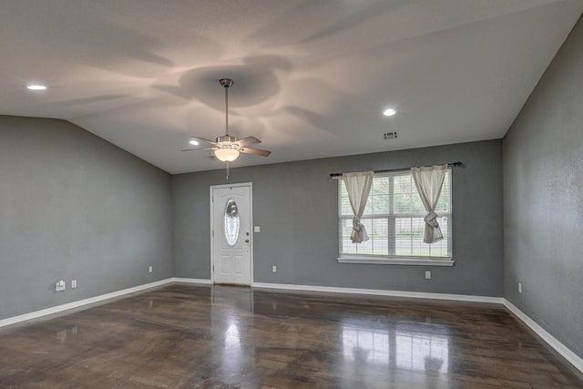 3383 Lusk Dr, Neosho, MO 64850 - foyer entrance featuring healthy amount of natural light, ceiling fan, baseboards, lofted ceiling, and recessed lighting