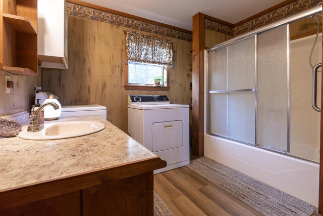 651/TBD Round Robin Ln, Yellville, AR 72687 - bathroom with bath / shower combo with glass door, vanity, wood finished floors, and wood walls