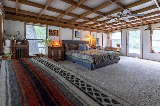 651/TBD Round Robin Ln, Yellville, AR 72687 - bedroom featuring access to exterior, coffered ceiling, beamed ceiling, and carpet