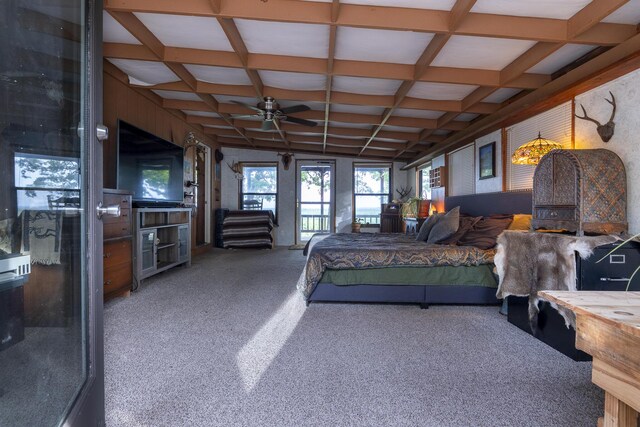 651/TBD Round Robin Ln, Yellville, AR 72687 - carpeted bedroom with coffered ceiling, access to outside, and beamed ceiling