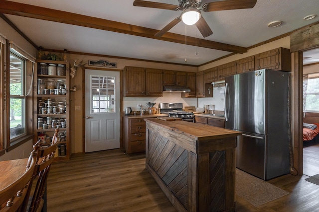 651/TBD Round Robin Ln, Yellville, AR 72687 - kitchen with stainless steel appliances, wooden counters, under cabinet range hood, beamed ceiling, and dark wood-type flooring