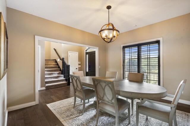 807 S Stanford Dr, Rogersville, MO 65742 - dining area featuring baseboards, stairs, a chandelier, and dark wood finished floors