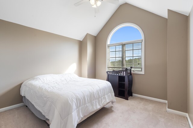 807 S Stanford Dr, Rogersville, MO 65742 - bedroom featuring light colored carpet, vaulted ceiling, baseboards, and ceiling fan