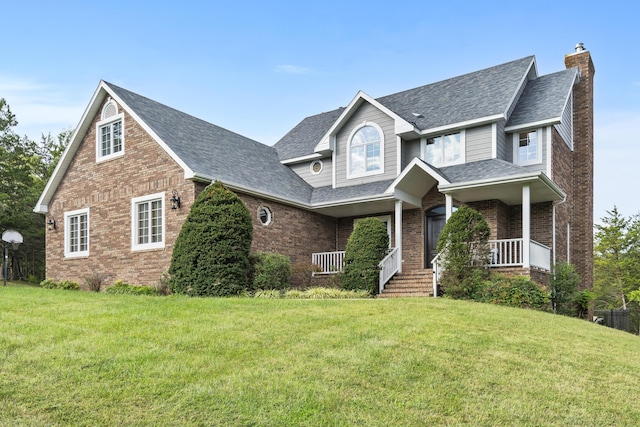 807 S Stanford Dr, Rogersville, MO 65742 - view of front facade featuring a chimney, brick siding, a front lawn, and roof with shingles