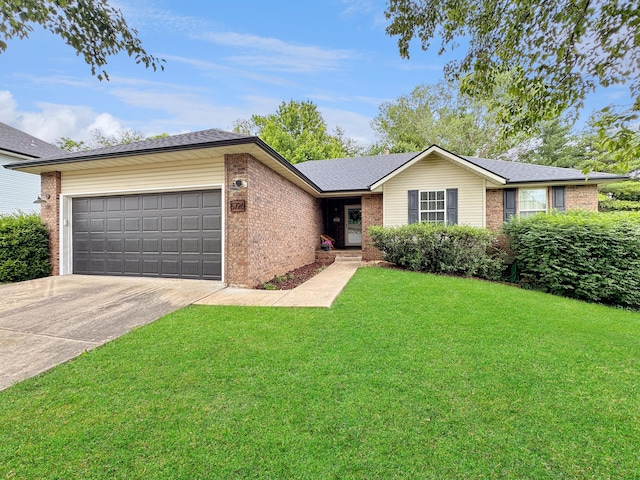 5726 S Fairview Ave, Springfield, MO 65810 - ranch-style home featuring brick siding, a garage, driveway, a front yard, and a shingled roof