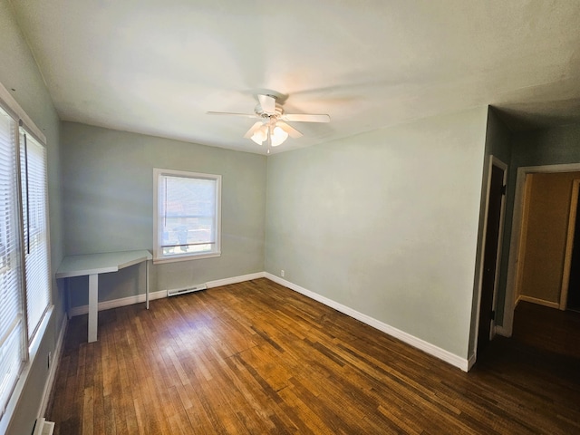 107 W Poplar St, El Dorado Springs, MO 64744 - empty room with dark wood-style floors, ceiling fan, and baseboards