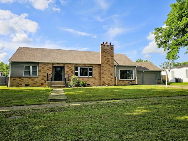 107 W Poplar St, El Dorado Springs, MO 64744 - single story home with a chimney, a front yard, an attached garage, and brick siding