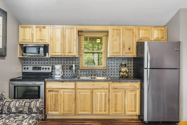 638 Double Day, Branson West, MO 65737 - kitchen featuring appliances with stainless steel finishes, a sink, dark countertops, and backsplash