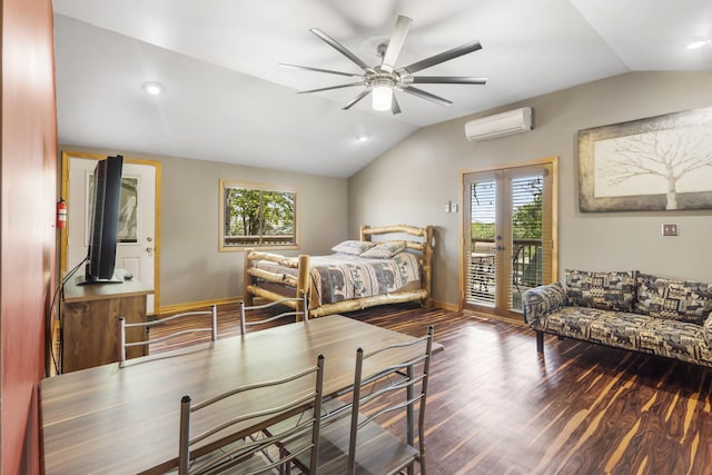 638 Double Day, Branson West, MO 65737 - bedroom featuring vaulted ceiling, a wall unit AC, access to outside, baseboards, and wood finished floors
