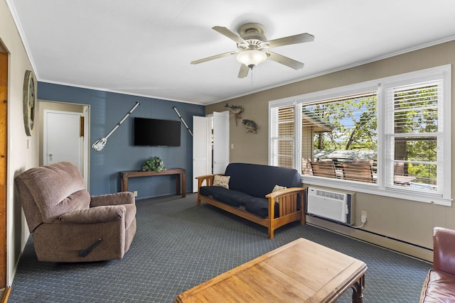 638 Double Day, Branson West, MO 65737 - living area featuring carpet, crown molding, a baseboard heating unit, a ceiling fan, and a wall unit AC