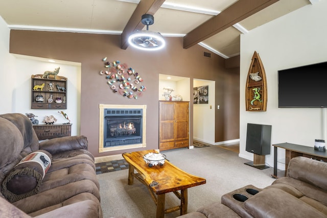 638 Double Day, Branson West, MO 65737 - living room featuring a warm lit fireplace, light carpet, and baseboards