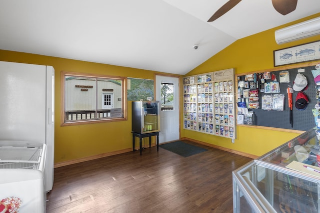 638 Double Day, Branson West, MO 65737 - kitchen featuring a wall mounted air conditioner, ceiling fan, wood finished floors, lofted ceiling, and baseboards