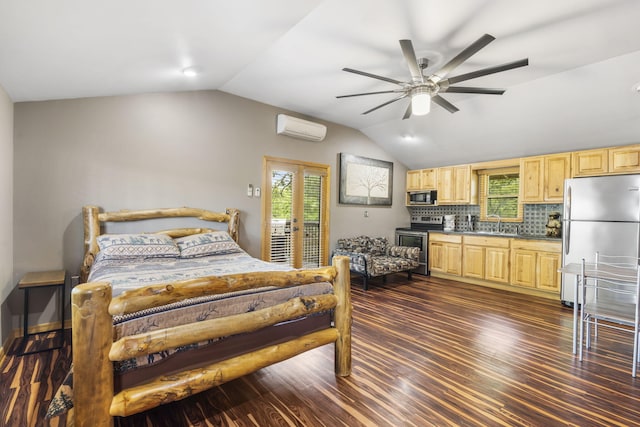 638 Double Day, Branson West, MO 65737 - bedroom with freestanding refrigerator, a wall unit AC, vaulted ceiling, dark wood-type flooring, and access to exterior