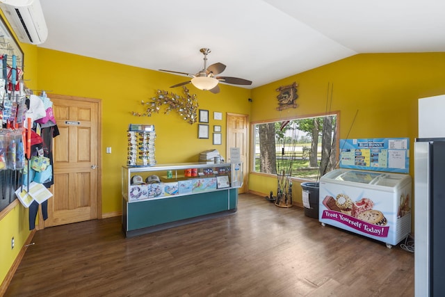 638 Double Day, Branson West, MO 65737 - game room featuring a wall mounted AC, wood finished floors, ceiling fan, vaulted ceiling, and baseboards