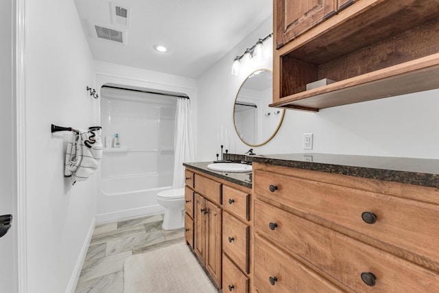 108 Island Green Dr, Republic, MO 65738 - bathroom with marble finish floors, vanity, toilet, shower / bath combination with curtain, and baseboards