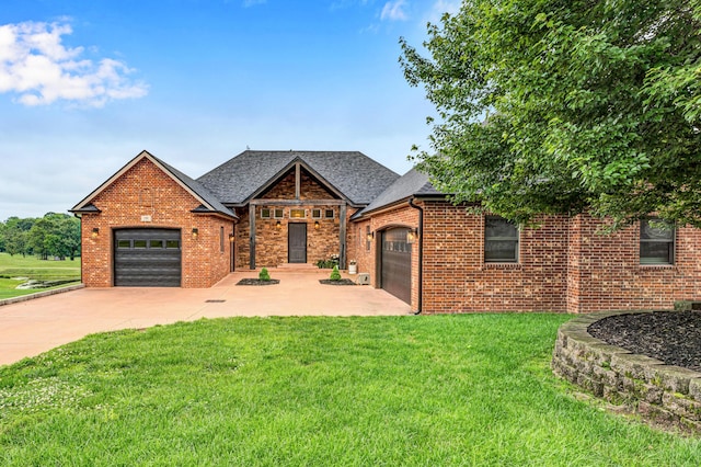 108 Island Green Dr, Republic, MO 65738 - view of front facade featuring driveway, a front yard, a garage, a shingled roof, and brick siding