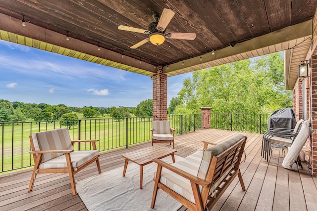 108 Island Green Dr, Republic, MO 65738 - deck with ceiling fan, view of wooded area, and grilling area