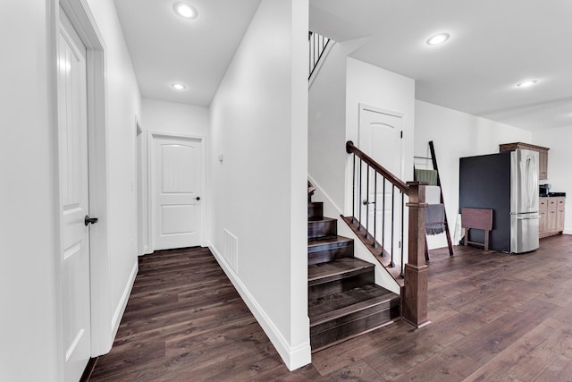 108 Island Green Dr, Republic, MO 65738 - hall featuring dark wood-style floors, baseboards, stairs, and recessed lighting