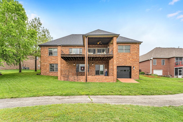 108 Island Green Dr, Republic, MO 65738 - back of house featuring a balcony, a garage, brick siding, ceiling fan, and a lawn