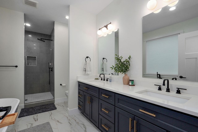 498 Mockingbird, Rogersville, MO 65742 - full bath featuring double vanity, a stall shower, a soaking tub, marble finish flooring, and toilet