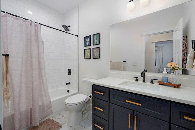 498 Mockingbird, Rogersville, MO 65742 - full bathroom with vanity, shower / bath combo with shower curtain, toilet, and marble finish flooring