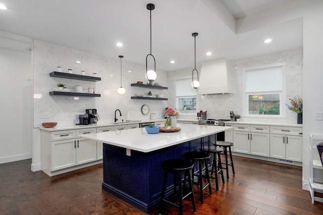498 Mockingbird, Rogersville, MO 65742 - kitchen featuring custom exhaust hood, open shelves, decorative backsplash, a sink, and recessed lighting