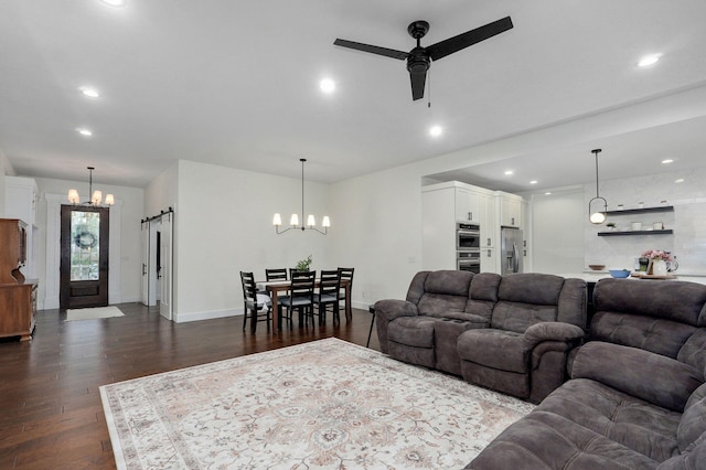 498 Mockingbird, Rogersville, MO 65742 - living area featuring a chandelier, dark wood finished floors, a ceiling fan, recessed lighting, and baseboards