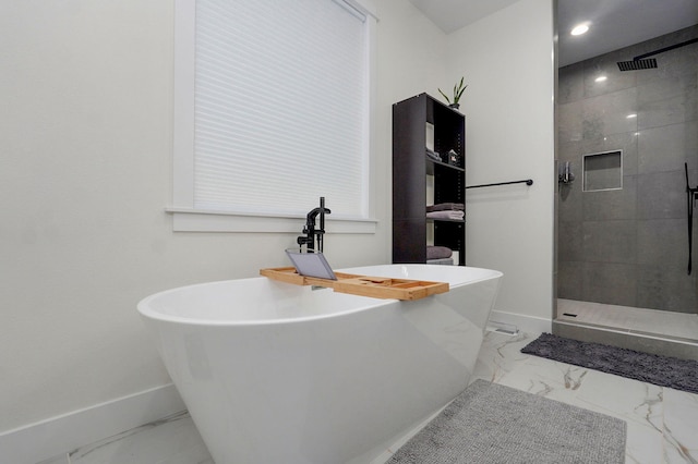 498 Mockingbird, Rogersville, MO 65742 - bathroom with marble look tile flooring, baseboards, a walk in shower, and recessed lighting