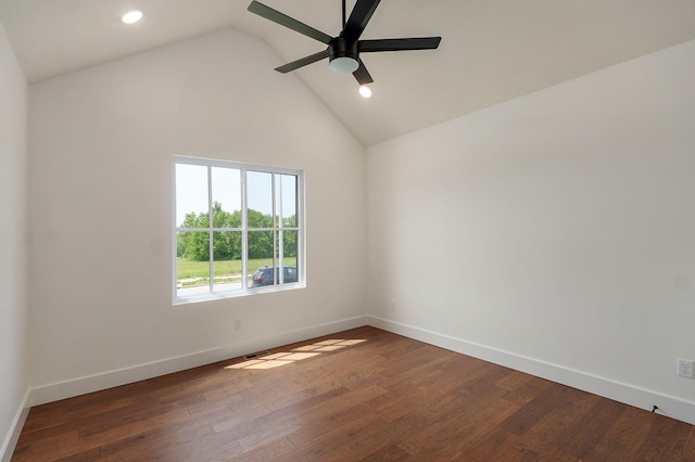 1756 N Marlowe Ave, Springfield, MO 65802 - unfurnished room featuring ceiling fan, baseboards, dark wood-type flooring, recessed lighting, and high vaulted ceiling