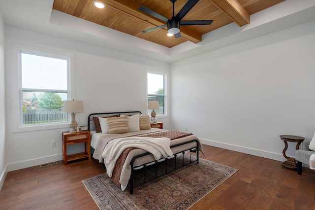 1756 N Marlowe Ave, Springfield, MO 65802 - bedroom with wooden ceiling with exposed beams, wood finished floors, baseboards, and ceiling fan